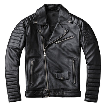 Men’s Black Biker Brando Genuine Sheepskin Cafe Racer Lapel Collar Retro Casual Classic Zip-Up Moto Slim Fit Leather Jacket