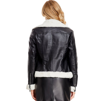 Women’s Black Biker Genuine Sheepskin Sherpa Shearling Faux Fur Moto Cafe Racer Asymmetric Bomber Leather Jacket