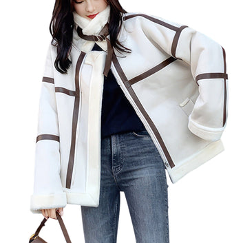 Women’s Off-White Genuine Suede Sherpa Shearling Faux Fur Lined Brown Strips Loose Oversized Motorcycle Racer Leather Jacket