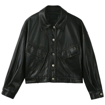 Women’s Black Genuine Sheepskin Shirt Collar Minimalist Fashion Cropped Top Vintage Casual Smooth Streetwear Retro Leather Jacket