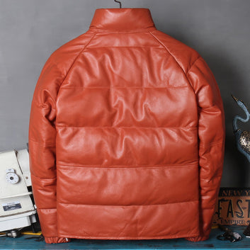 Men’s Rust Genuine Sheepskin High Neck Padded Thick Winter Warm Casual Baggy Sporty Puffer Leather Jacket