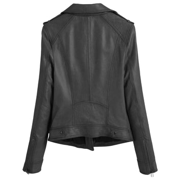 Women's Black Sheepskin Retro Racer Jacket – Asymmetric Lapel Collar, Slim Fit