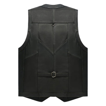 Men’s Black Biker Genuine Cowhide V-Neck Cafe Racer Vest Multi Pockets Motorcycle Sporty Racer Leather Waistcoat