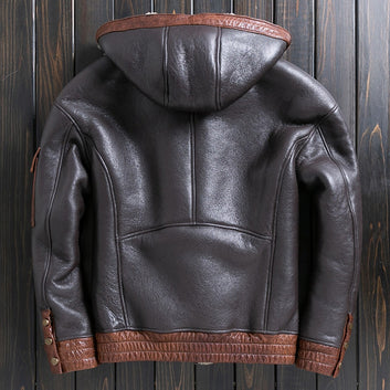 Men’s Brown Bomber Winter Warm Genuine Sheepskin Faux Fur Lined Drawstring Hooded Smooth Streetwear Leather Jacket Coat