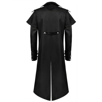 Men’s Black Gothic Genuine Sheepskin Halloween Victorian Uniform Cosplay Costume Steampunk Medieval Vintage Leather Trench Coat