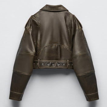 Women’s Biker Vintage Brown Genuine Sheepskin Sporty Casual Moto Biker Lapel Collar Café Racer Streetwear Loose Asymmetric Leather Jacket