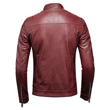 Men’s Red Biker Genuine Sheepskin Quilted Shoulders Smooth Scooter Cafe Racer Streetwear Slim Fit Leather Jacket