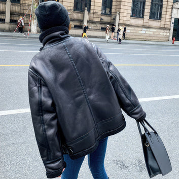 Women’s Black Aviator Genuine Sheepskin Sherpa Shearling Faux Fur Lined Thick Winter Warm Streetwear Chic Flight Pilot Leather Jacket