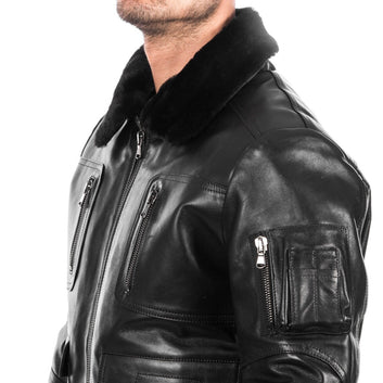 Handmade Men's Genuine Lambskin Leather Bomber Jacket with Removable Fur Collar