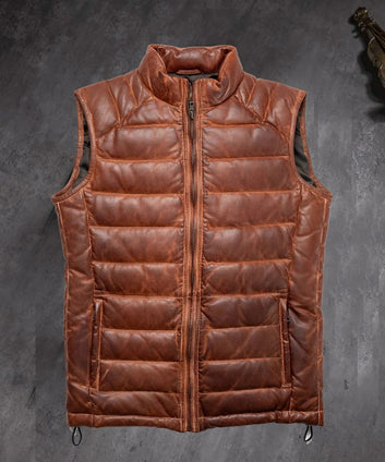 Men's Brown Leather Puffer Vest: Sleeveless Jacket, Perfect for Casual Wear, Genuine Leather