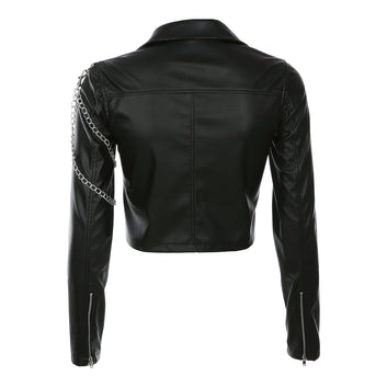 Women’s Black Biker Genuine Sheepskin Lapel Collar Cafe Racer Classic Slim Fit Epaulet Chain Asymmetric Punk Leather Jacket
