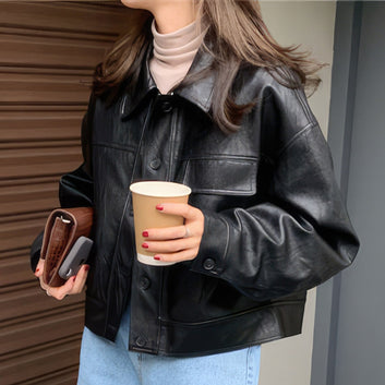 Women’s Black Genuine Sheepskin Drop Shoulders Casual Classic Motor Biker Racer Short Fashionable Lightweight Leather Jacket
