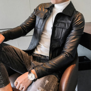Men’s Black Biker Genuine Sheepskin Shirt Collar Cafe Racer Retro Zip-Up Casual Slim Fit Moto Rider Smooth Leather Jacket