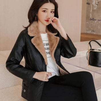 Women’s Black Biker Genuine Sheepskin Sherpa Shearling Faux Fur Lined Cafe Racer Korean Fashion Motorcycle Slim Fit Leather Jacket