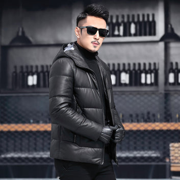 Men’s Black Genuine Sheepskin Hooded Winter Warm Thick Casual Baggy Padded Puffer Lightweight Insulated Parka Leather Jacket
