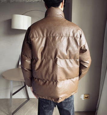 Men’s Coffee Genuine Sheepskin Stand Collar Winter Warm Casual Baggy Style Padded Puffer Leather Jacket
