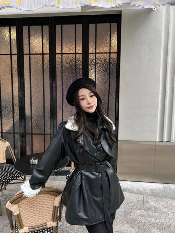 Women’s Black Genuine Lambskin Sherpa Shearling Faux Fur Collar Warm Casual Oversized Streetwear Leather Trench Coat