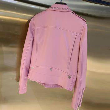 Women’s Pink Biker Genuine Sheepskin Lapel Studded Collar Celebrity Style Sporty Cafe Racer Slim Fit Leather Jacket