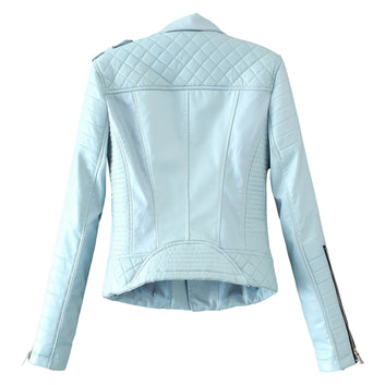 : Women’s Sky Blue Biker Genuine Sheepskin Lapel Collar Cafe Racer Outfit Quilted Design Sporty Crossover Asymmetric Rider Leather Jacket